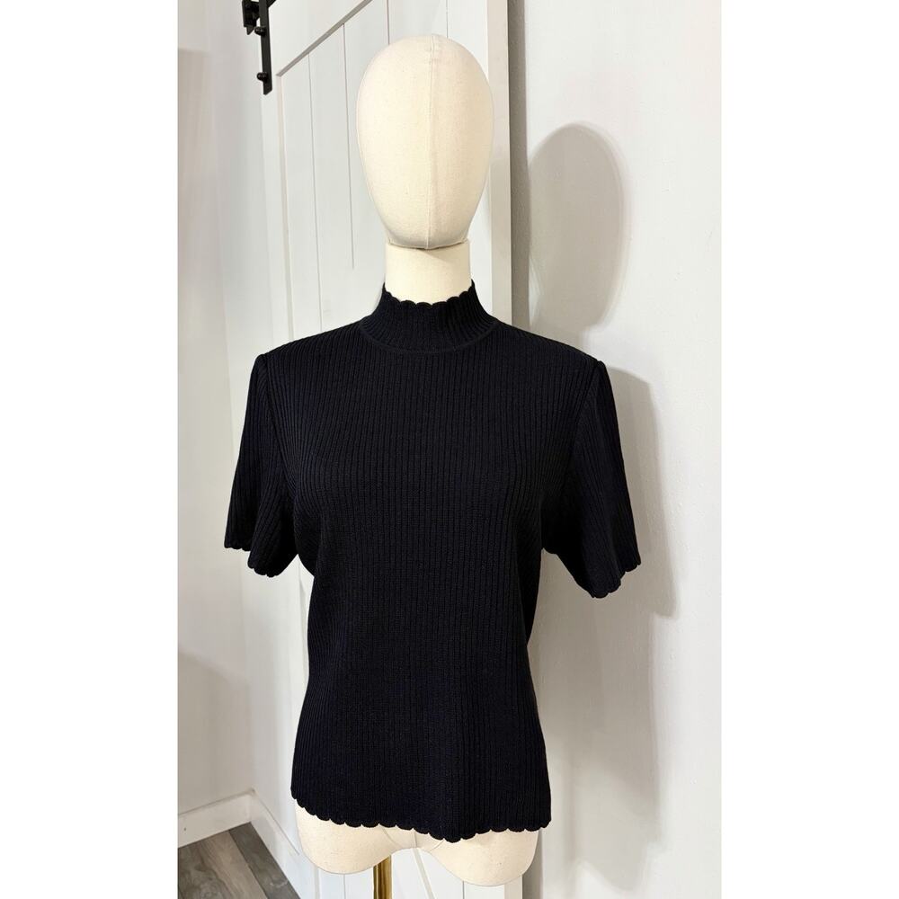 St. John Black Ribbed Short-Sleeve Mock Neck Top - Picture 2 of 9